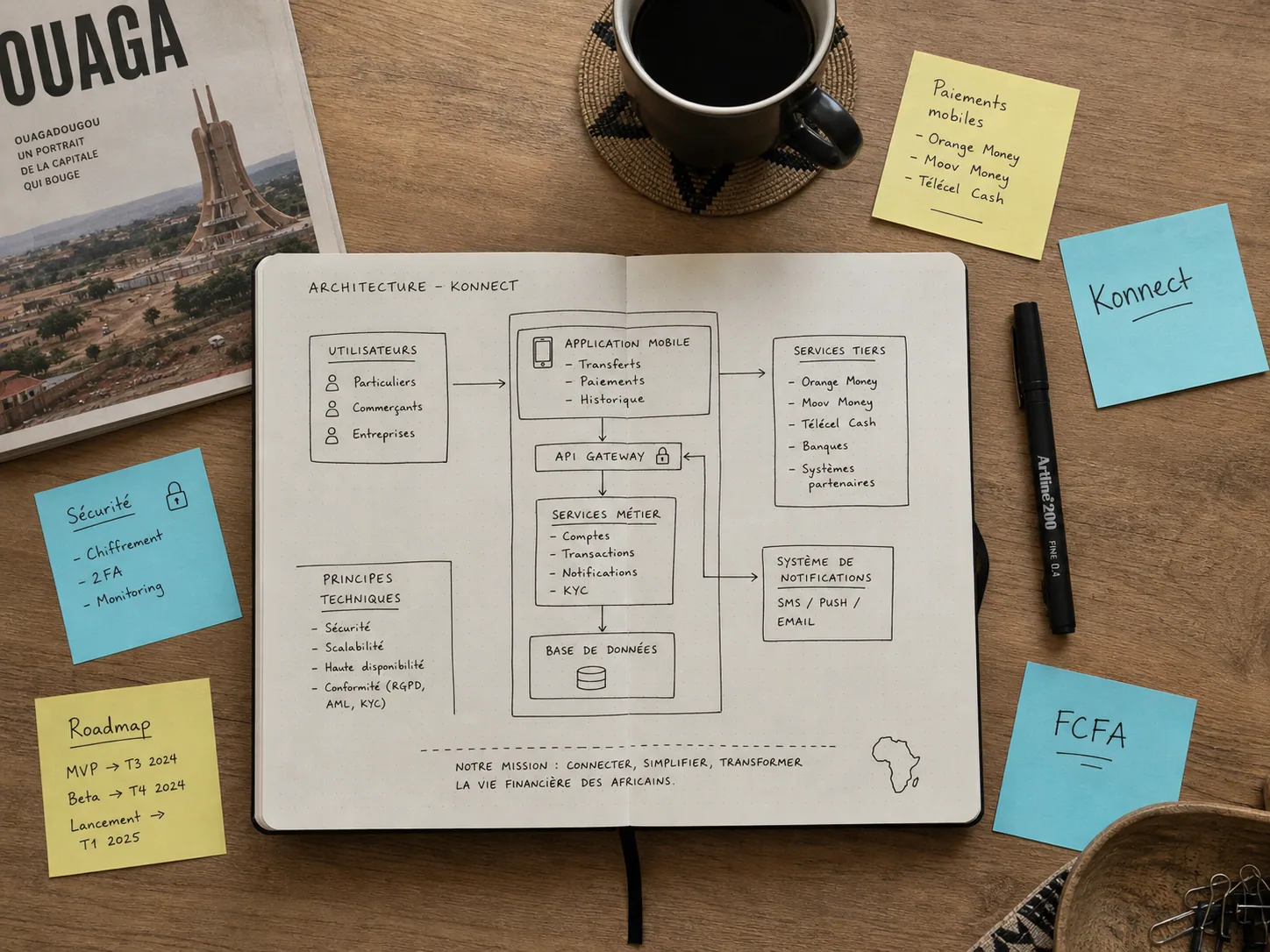 Plan de travail avec carnet et schéma