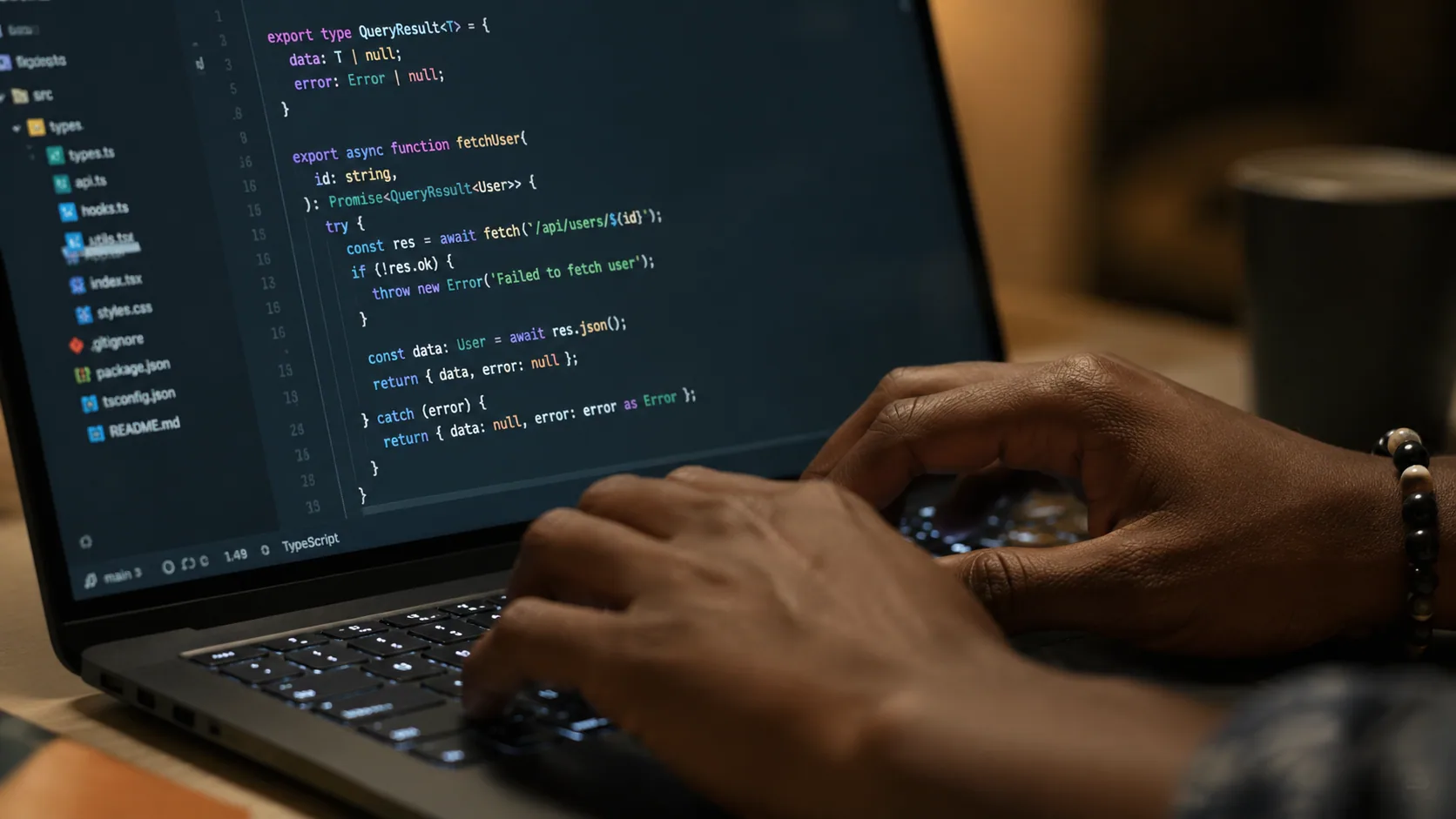 Mains qui codent sur un clavier, écran avec du vrai code