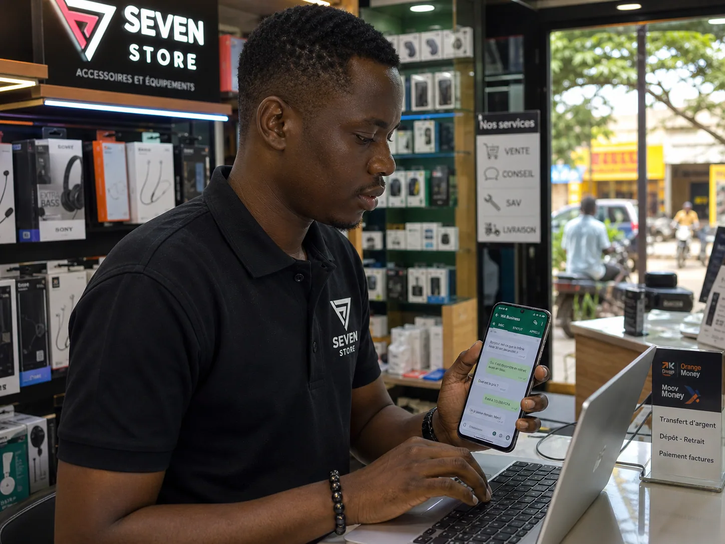 Commerçant à Ouagadougou utilisant WhatsApp Business